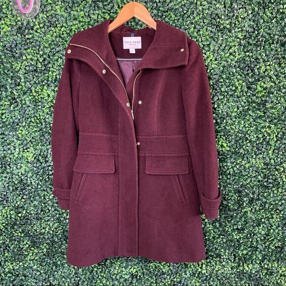Cole Haan Burgundy Wool Blend Coat Sz 2 - Picture 3 of 11